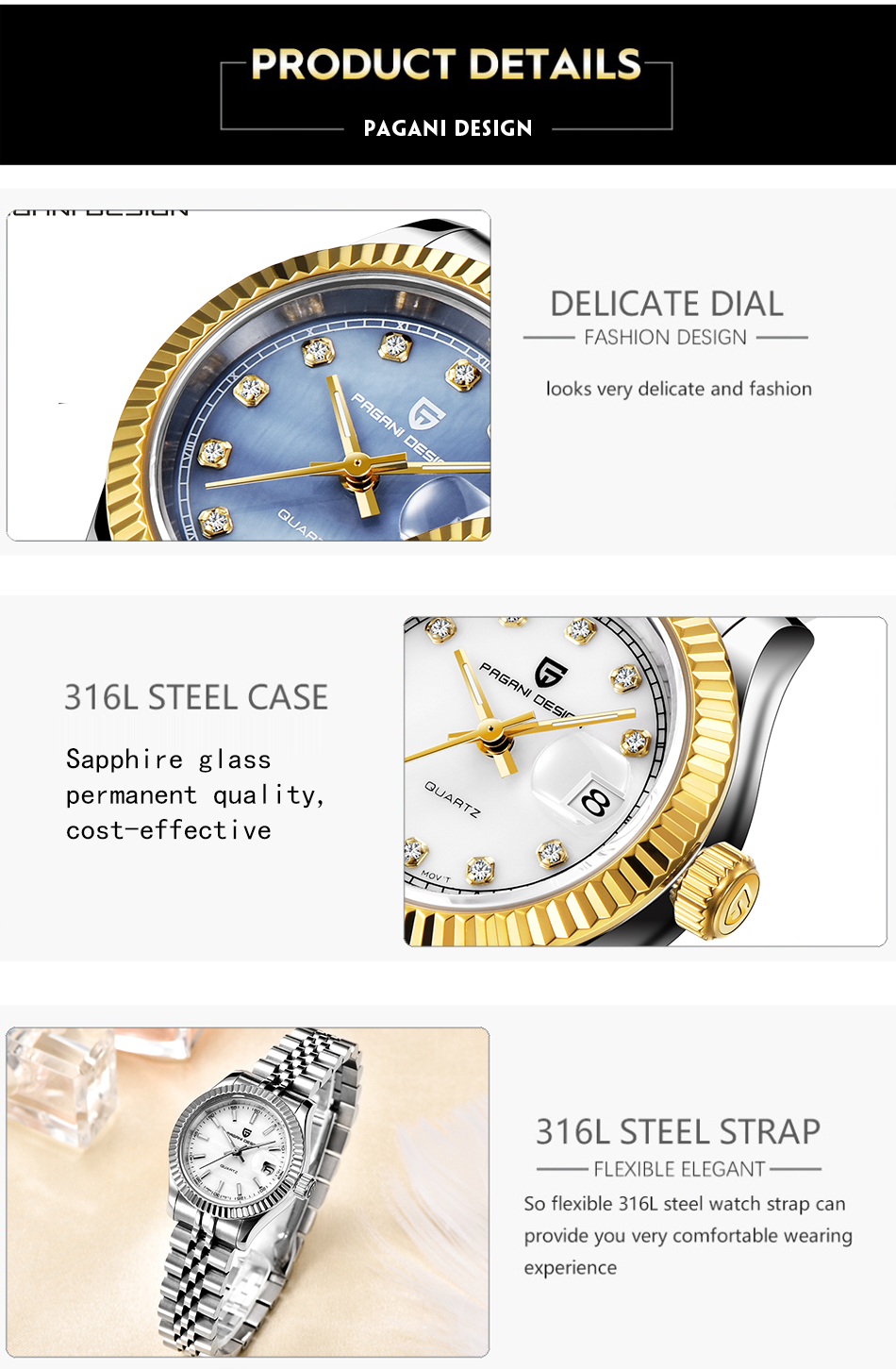 PAGANI DESIGN 1647 Delicate design ladies automatic watches stainless steel calendar luxury mechanical watches for women