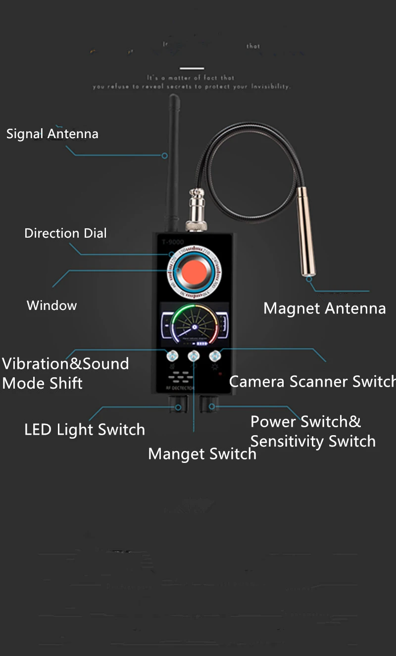 2019 Newest Anti-Spy Detector Camera GSM Audio Bug GPS Signal Lens RF Signal Laser Scanner Magnetic Tracker Finder Detector T9000