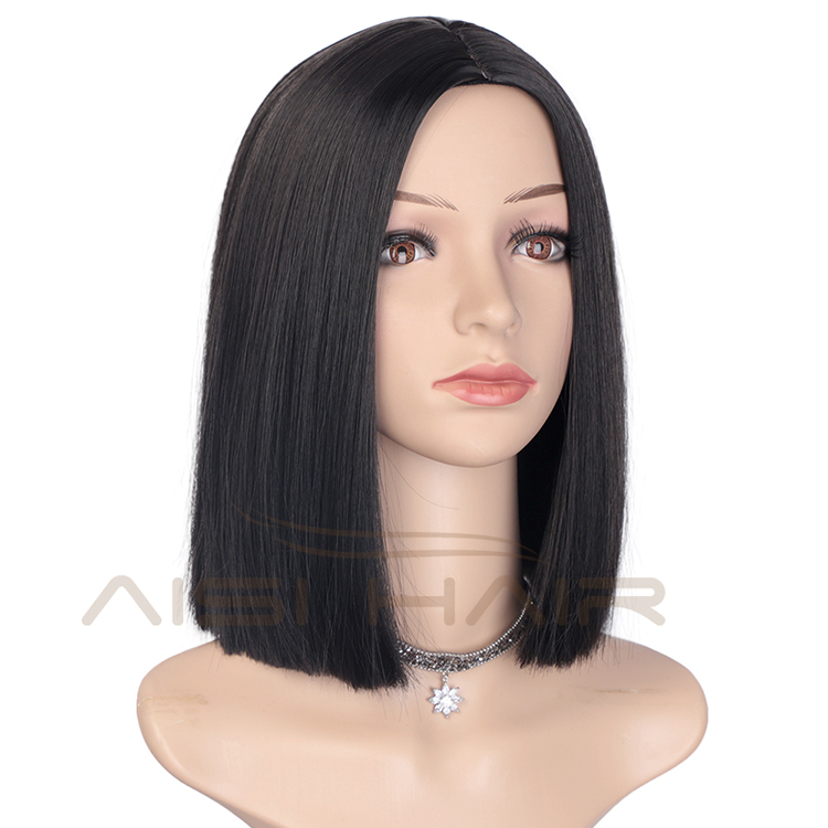 Synthetic Fiber Hair Wigs For Black Women Short Bob Silky Straight Black Heat Resistant Cosplay Party Wigs