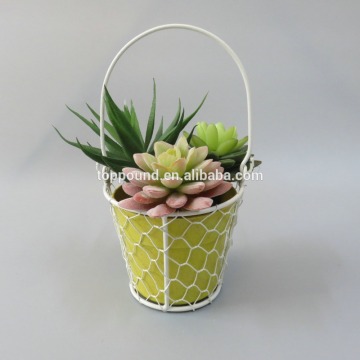 wholesale powder coated round wire mesh baskets with handle bamboo fiber plant fiber flower pot ECO plant pot round flower pot