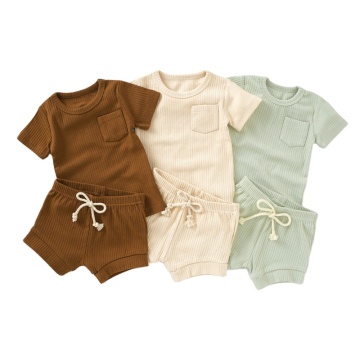 Unisex Baby Summer Clothing Set: Ribbed Knitted Short Sleeve Tracksuits