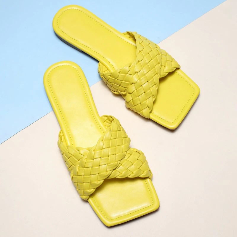 latest Summer Sexy Yellow Ladies Casual Slides Braid Flat Shoes Slippers Womens Sandals