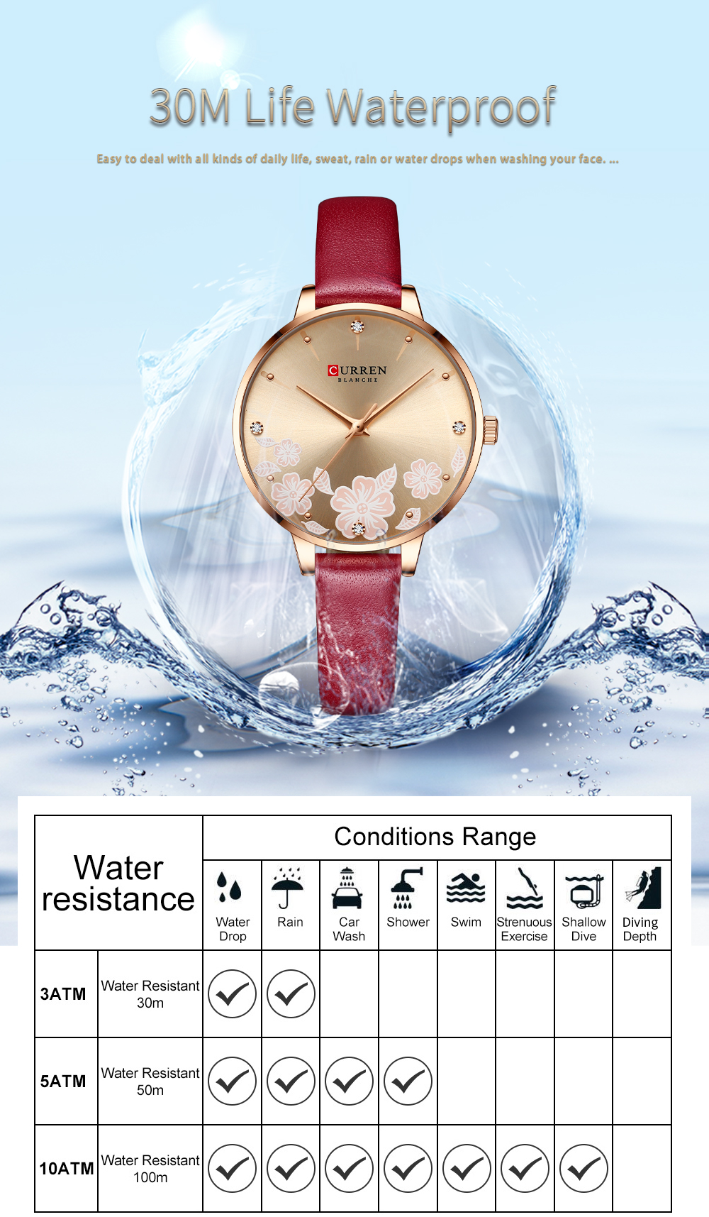 Curren 9068 Fashion Leather Womens Quartz Watches Flower Waterproof Watch Curren Women