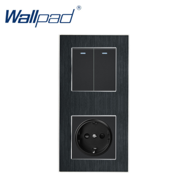 EU Socket Wallpad Luxury 2 Gang 2 Way On/Off Satin Metal Panel Rocker Wall Light Switch and EU Socket