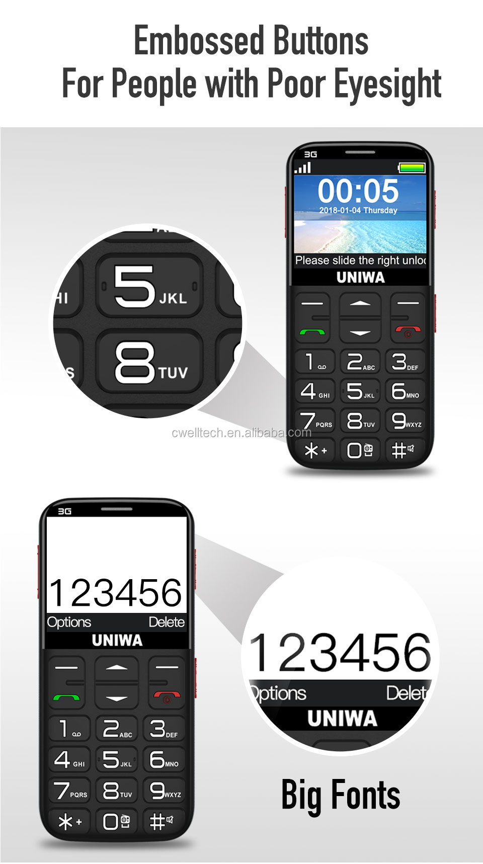 UNIWA V808G 2.31 Inch Curved Screen Single SIM 3G Senior Phone SOS