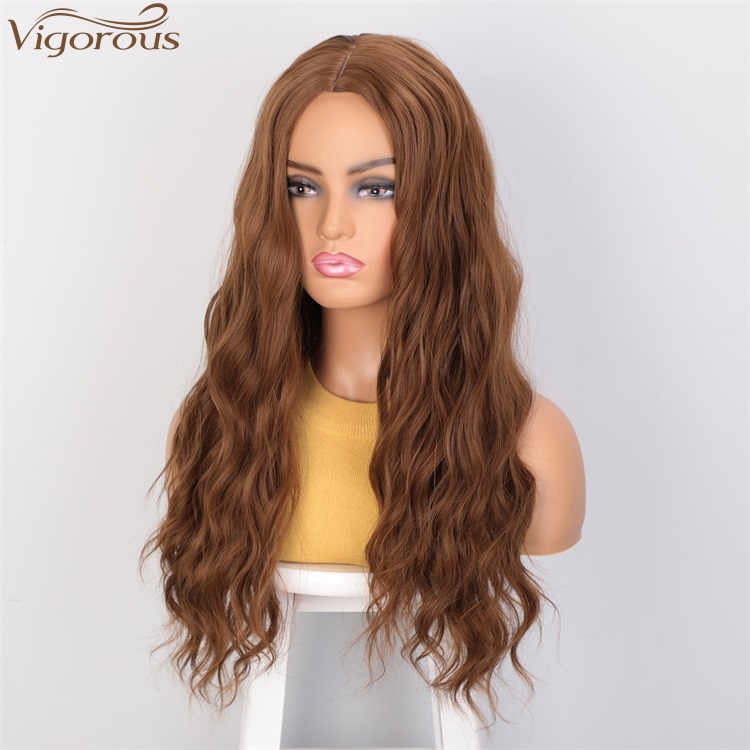 Vigorous 24 Inches Wholesale High Temperature Long Wavy Brown Wig Middle Part Synthetic Silky Wigs For Black Women