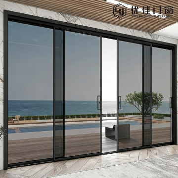 Minimalist Black Frame Four Panel Glass Sliding Door
