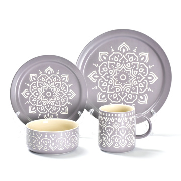 Matt Gray Purple Stamping Ceramic Dinner Set