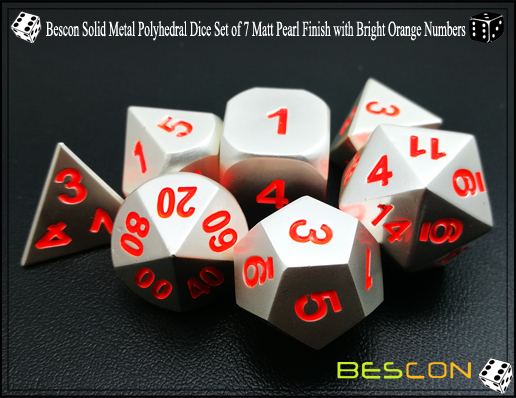 Bescon Solid Metal Polyhedral Dice Set of 7 Matt Pearl Finish with Bright Orange Numbers-4 Bescon Solid Metal Polyhedral Dice Set of 7 Matt Pearl Finish with Bright Orange Numbers-4