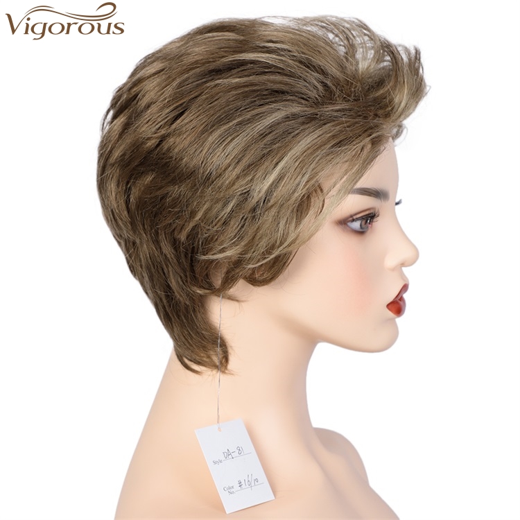 Vigorous High Temperature Top Quality Short Synthetic Grey Mixed Brown Pixie Cut Hairstyles Layered Fluffy Wigs