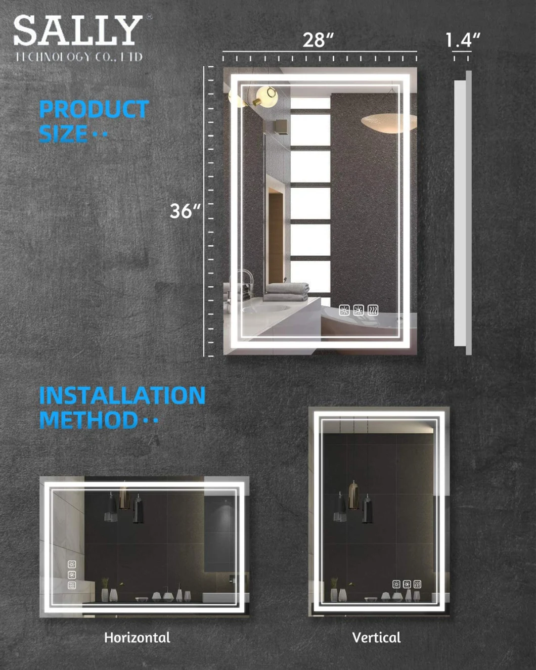 Sally Vertical LED Bathroom Mirror with Light 28X36 Inch Anti-Fog Dimmable Memory Function Wall Mounted LED Mirror for Bathroom
