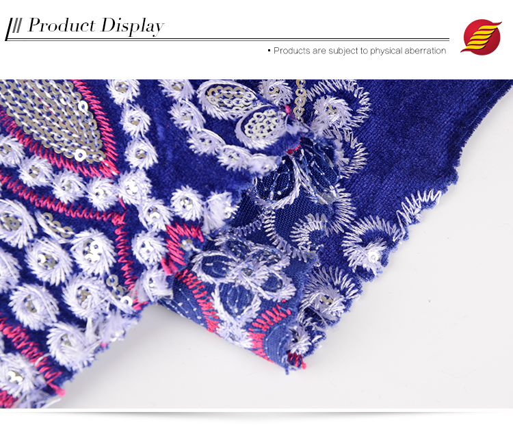 Classic ethnic style textiles embroidery velvet blue sequin fabric 2019