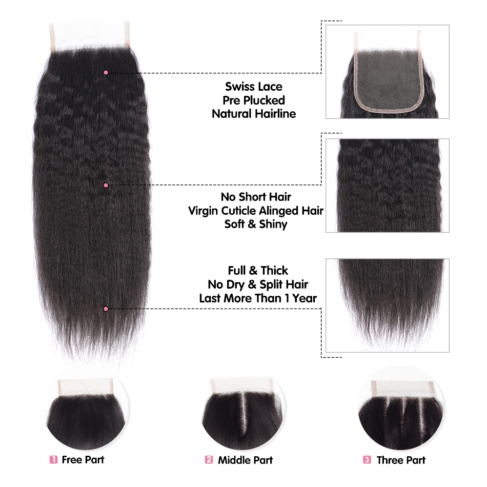 Brazilian Virgin Human Hair Closure Kinky Straight 4x4 Lace Closure