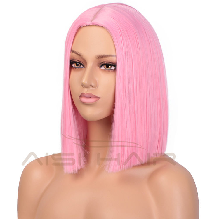 Aisi Hair Synthetic Heat Resistant Wigs For White Black Women Short Straight Pink Bob Middle Part Shoulder Length Hair Wigs