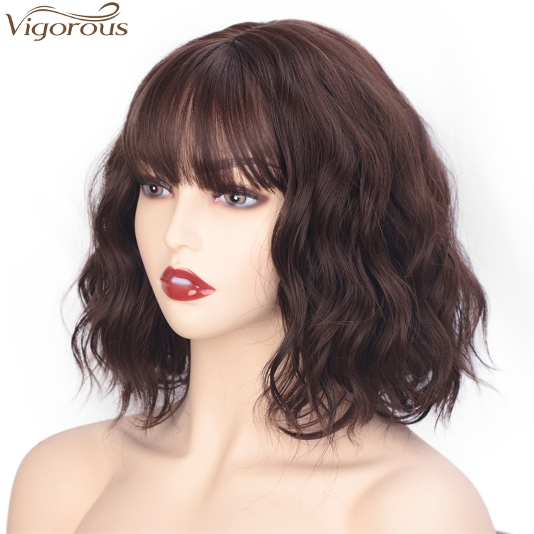 Vigorous High Temperature Daily Use Wigs 14 Inches Short Wavy Synthetic Bob Wigs With Bangs Dark Brown Mix Auburn Color