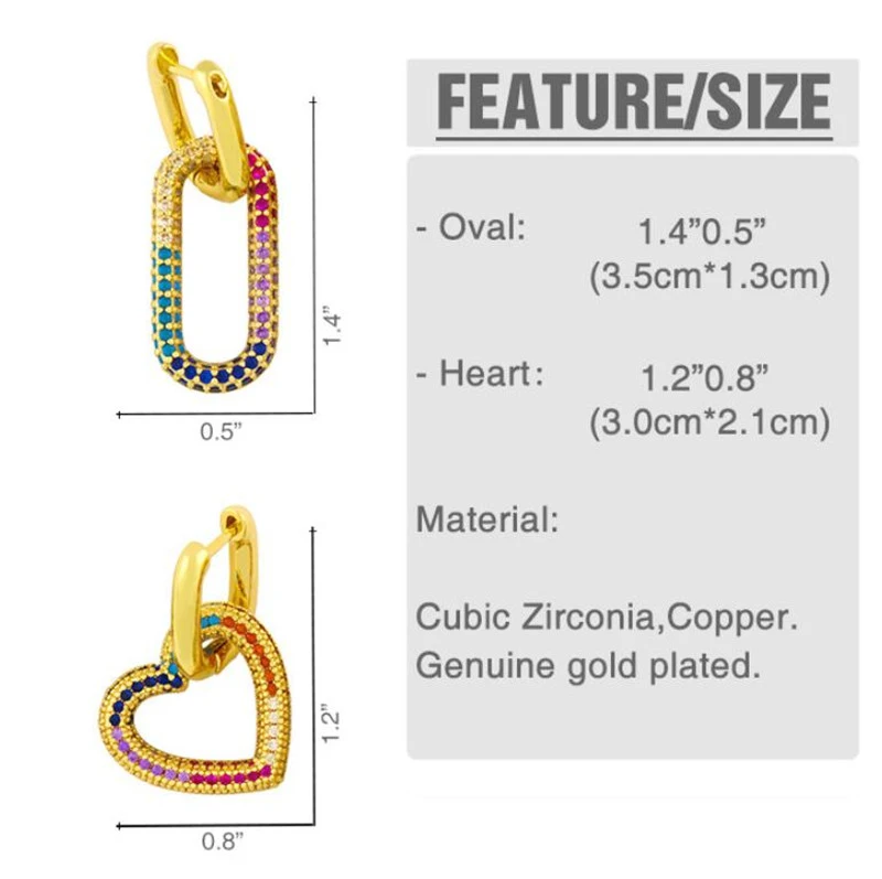 Wholesale Gold Heart Hoop Earrings Women CZ Cubic Zirconia Jewelry Gifts Multicolor Rectangle Huggie Earrings