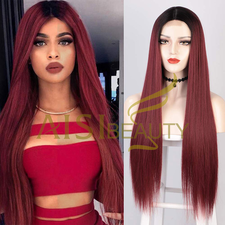 Aisi Beauty Vendor Cheap Party 26 Inch Long Straight Ombre Red Wig Swiss Lace Synthetic Hair For Black Women Lace Front Wig