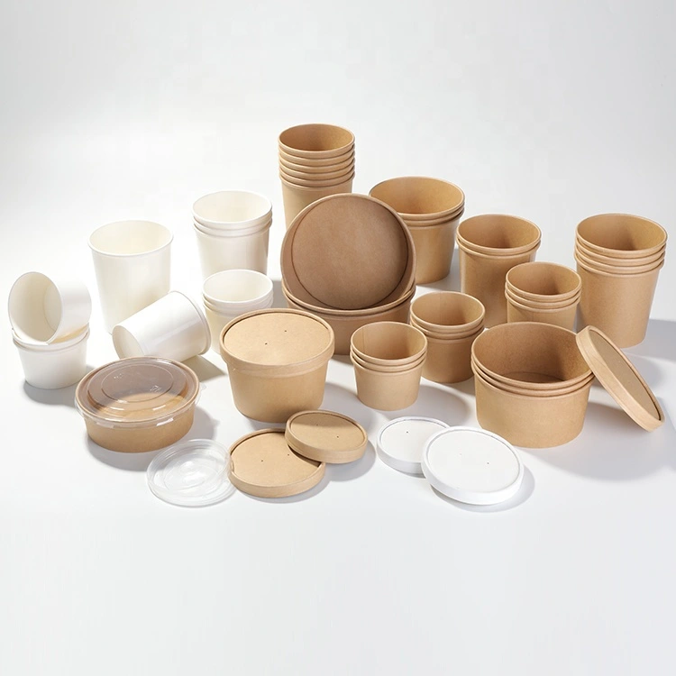 Kraft Paper Food Soup Cup Takeaway Containers for Hot or Cold with PP/Paper Lid 8oz, 12oz, 16oz, 26oz, 32oz