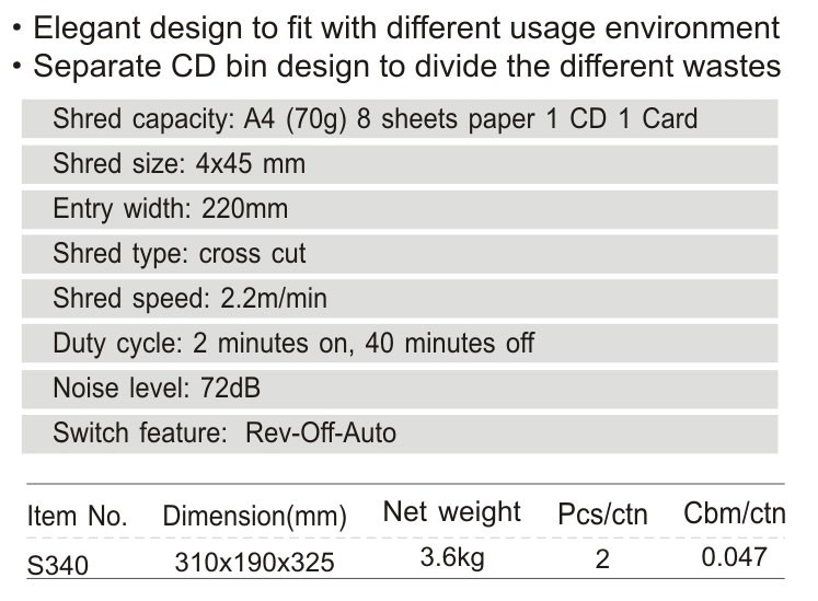 cross cut S340 8 SHEETS 1CD 1CARD PAPER Auto start and stop, Overheat protection, Overload protection