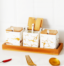 Marble Printed Ceramic Spice Jar Set - Wholesale Kitchen Storage Spice Containers with Lids