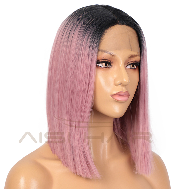Aisi Hair 14 Inch Short Bob Ombre Pink Dark Root Wig Swiss Lace Wig Cosplay Synthetic Lace Frontal Wigs For Black Women