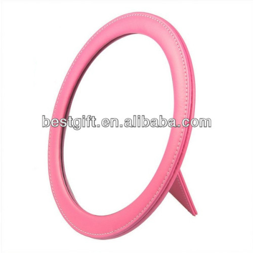 hot sale pu leather mirror, round shape desktop mirror with stand, pink mirror