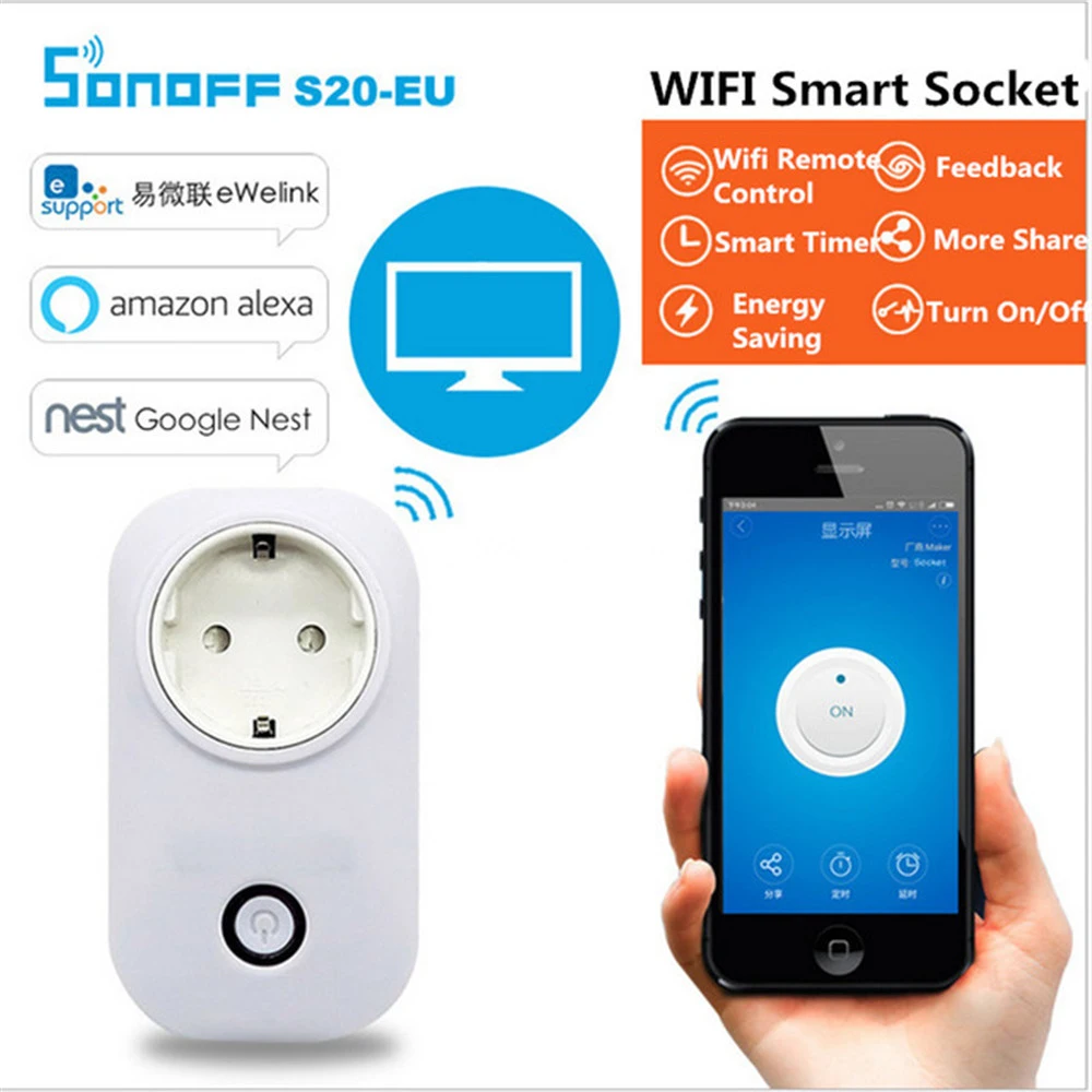 Home Automation WiFi Smart Switch APP Remote Control Sonoff S20 Timer Socket EU Plug