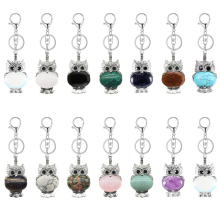 Gemstone Oval Beads CZ Rhinestone Silver Owl Pendant Keychain Lobster clasp