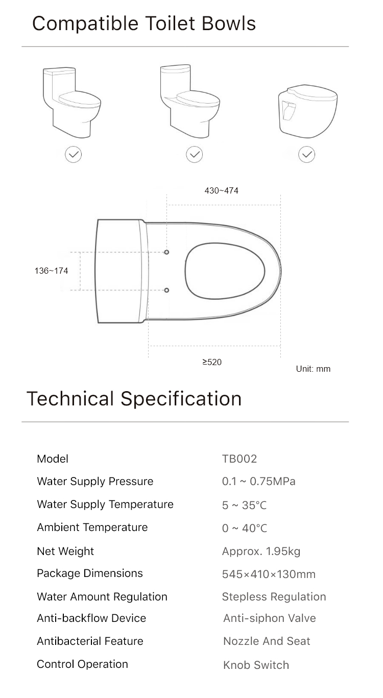 TB002 Non-Electric Bidet Seat for Elongated Toilet in White Low Price