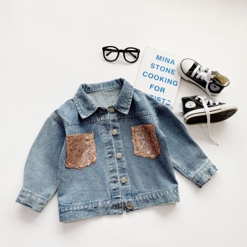 Fashion casual kids denim jackets sequin lace stitching denim jacket girl