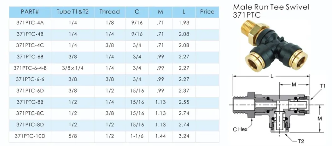 Composite Brass Collect Pneumatic Push-in Male Run Tee Swivel 371 PTC DOT Fittings