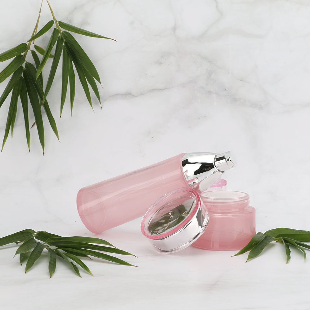 Pink waist glass cosmetic jar and bottle