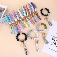 Handmade Elastic Silicone Bead and Wooden Mosaic Keychain with Suede Circle Tassel