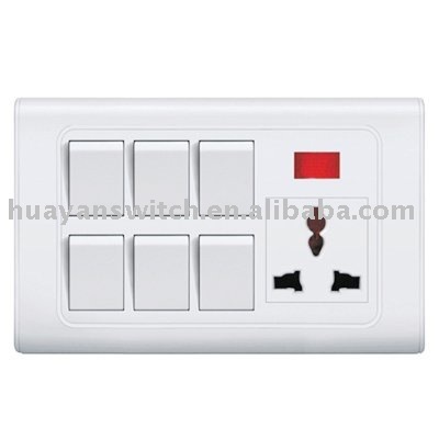 6gang switch+MF socket with neon indicator