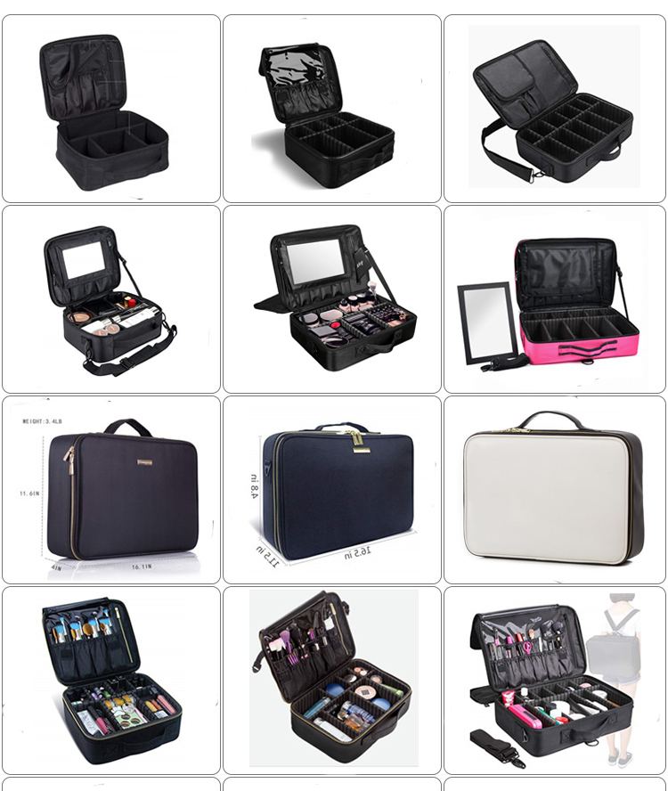 Cosmetic carrying travel makeup case large capacity box 2 layers with mirror removable dividers shoulder strap