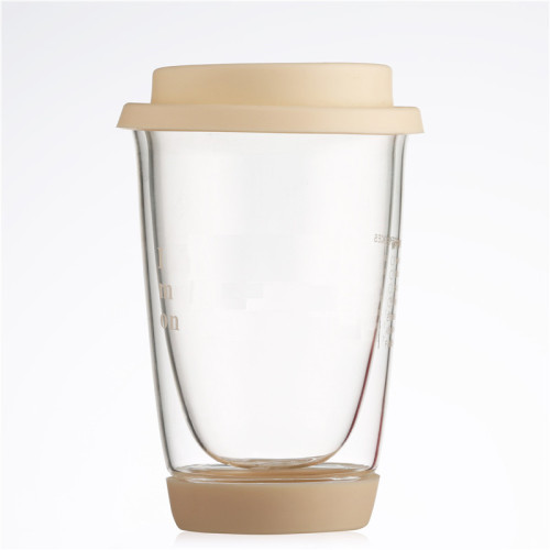 Taza de café de vidrio termo reutilizable de doble pared con tapa de silicona