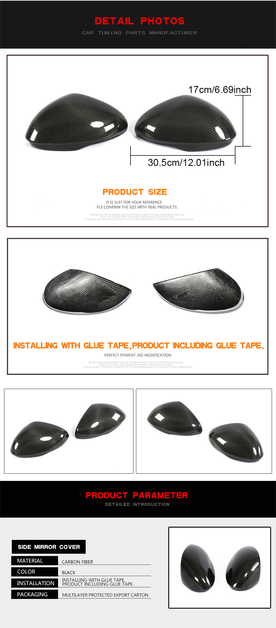 Stick-on Dry Carbon Fiber Car Side Mirror Covers for Alfa Romeo Giulia Quadrifoglio Sedan 4-Door 2015-2018
