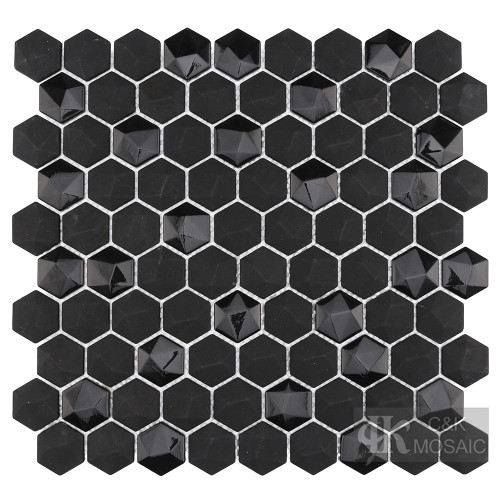 Black Shiny Hexagon Recycled Glass Solid Color Mosaic