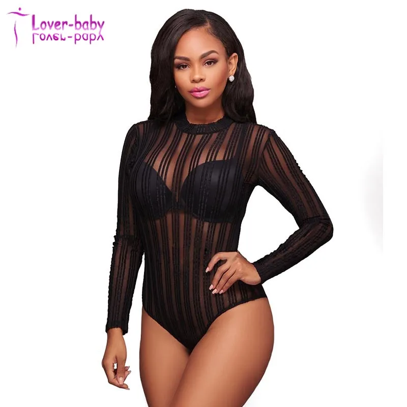 Kaden Black Striped Mesh Bodysuit L8008