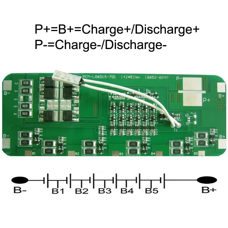 6s 15A PCM BMS for 21.6V 22.2V Li-ion/Lithium/ Li-Polymer 18V 19.2V LiFePO4 Battery Pack Size L142*W52*T6mm (PCM-L06S15-701)