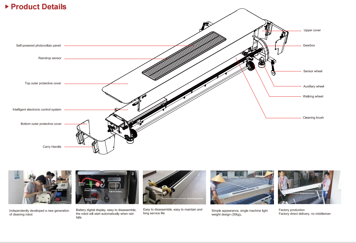 GPRS -Steuerung Automatische Solarpanel Reinigung Bürstengeräte Roboter Vakuum -Panel -Roboter für Länge 1950mm Solarpanel Roboter