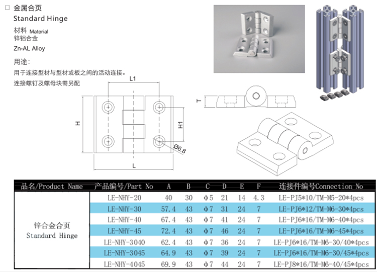 Various models heavy duty Plastic Standard Hinge for aluminium t slot accessories