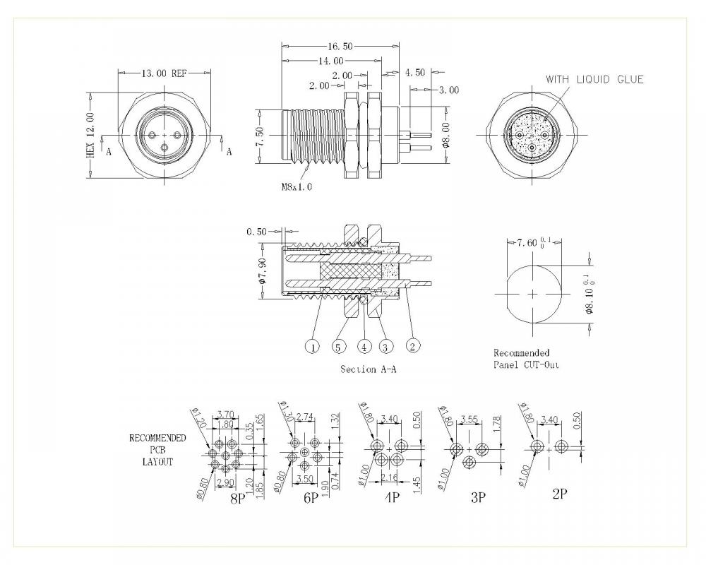 M8-XP-M-233 M8 2 ~ 8P Front di blocco maschio Dip 180