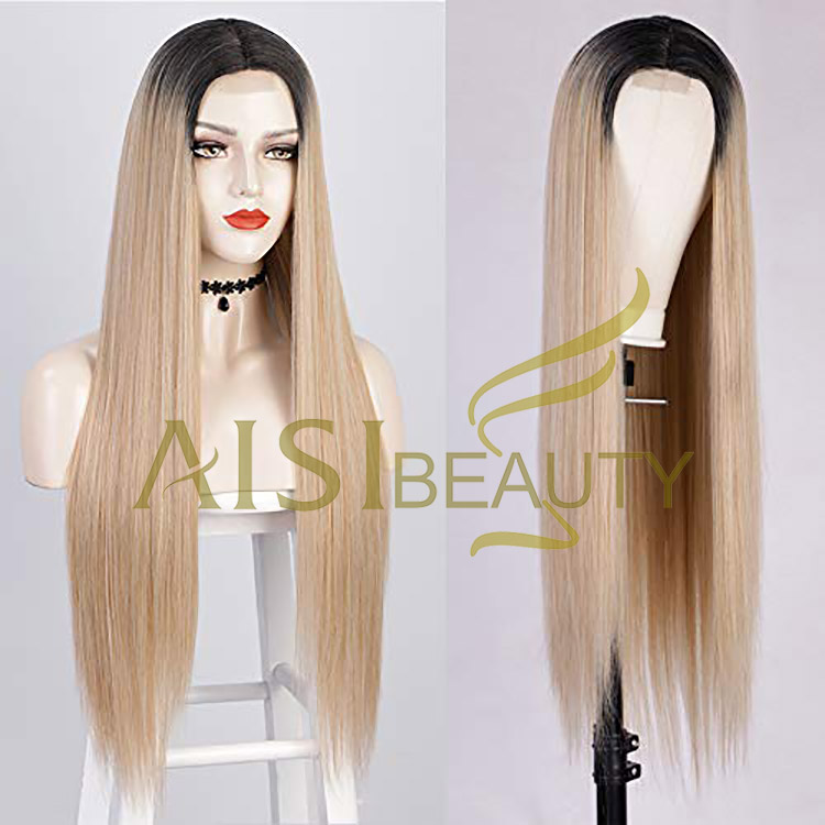 Aisi Beauty Vendor Cheap Party 26 Inch Long Straight Ombre Blonde Wig Swiss Lace Synthetic Hair For Black Women Lace Front Wig