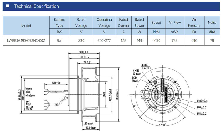 190mm EC Motorized 0~10V and PWM speed control High pressure EC DC backward centrifugal fan