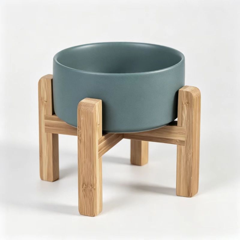 Teal Ceramic Elevated Dog Bowl, Wooden Stand Pet Feeder, Raised Dog Food and Water Bowl for Medium and Large Dogs