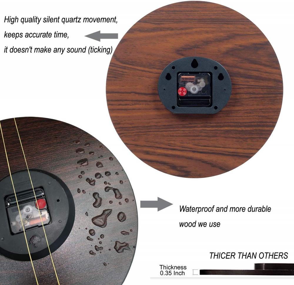 Relógio de parede de madeira redondo silencioso de 14 polegadas