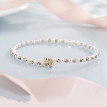 14K Gold Plated  Inlaid Zircon  Adjustable Pearl Open Bangles