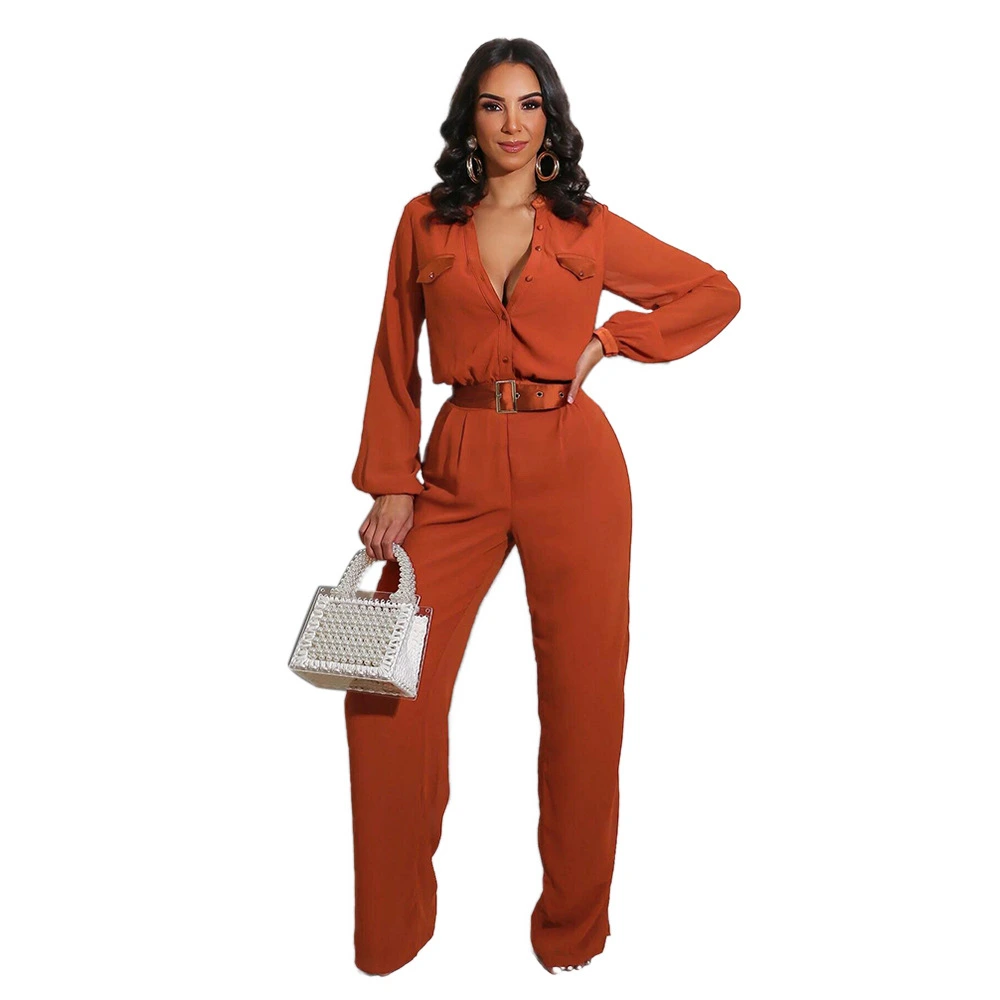 Wholesale Fall Autumn Bandage Jumpsuits Polyester with Belt Women One Piece Playsuit Romper Elegant Jumpsuit