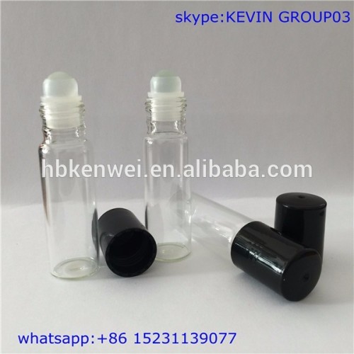 clear empty 10ml glass roll on bottle with black plastic screw cap